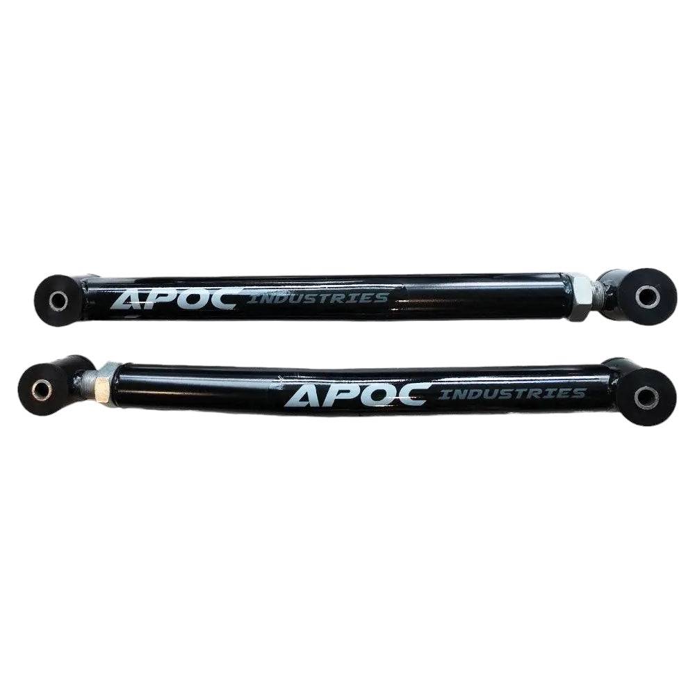 APOC adjustable front control arms for Jeep Wrangler JK and JL, rugged steel construction with polyurethane bushings, black powder coat finish